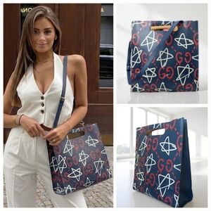 Gucci Ghost Large Tote Navy Blue Leather Graffiti Stars Shopping Bag ✨